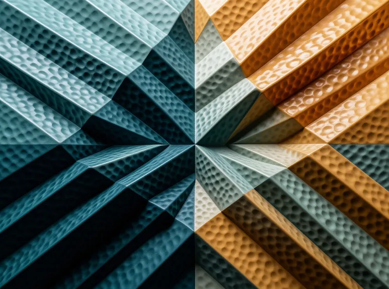 Faceted wedges of dimpled teal and gold tile radiate from the center in a glossy abstract composition.