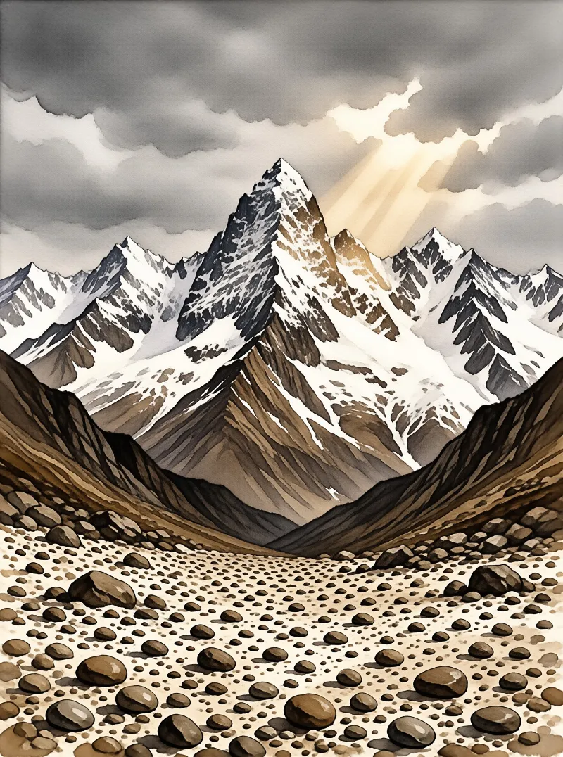 A painted snow-streaked summit rises over a boulder-strewn valley floor while pale light slants through grey cloud
