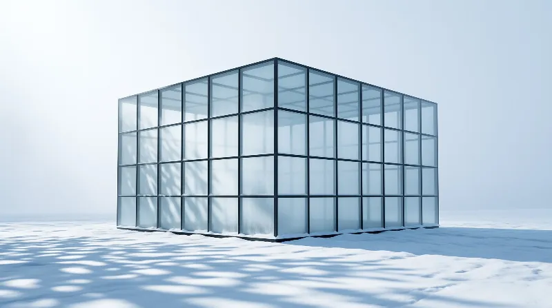 A translucent glass cube with a dark grid frame stands alone on a snow covered plain under a bright pale sky