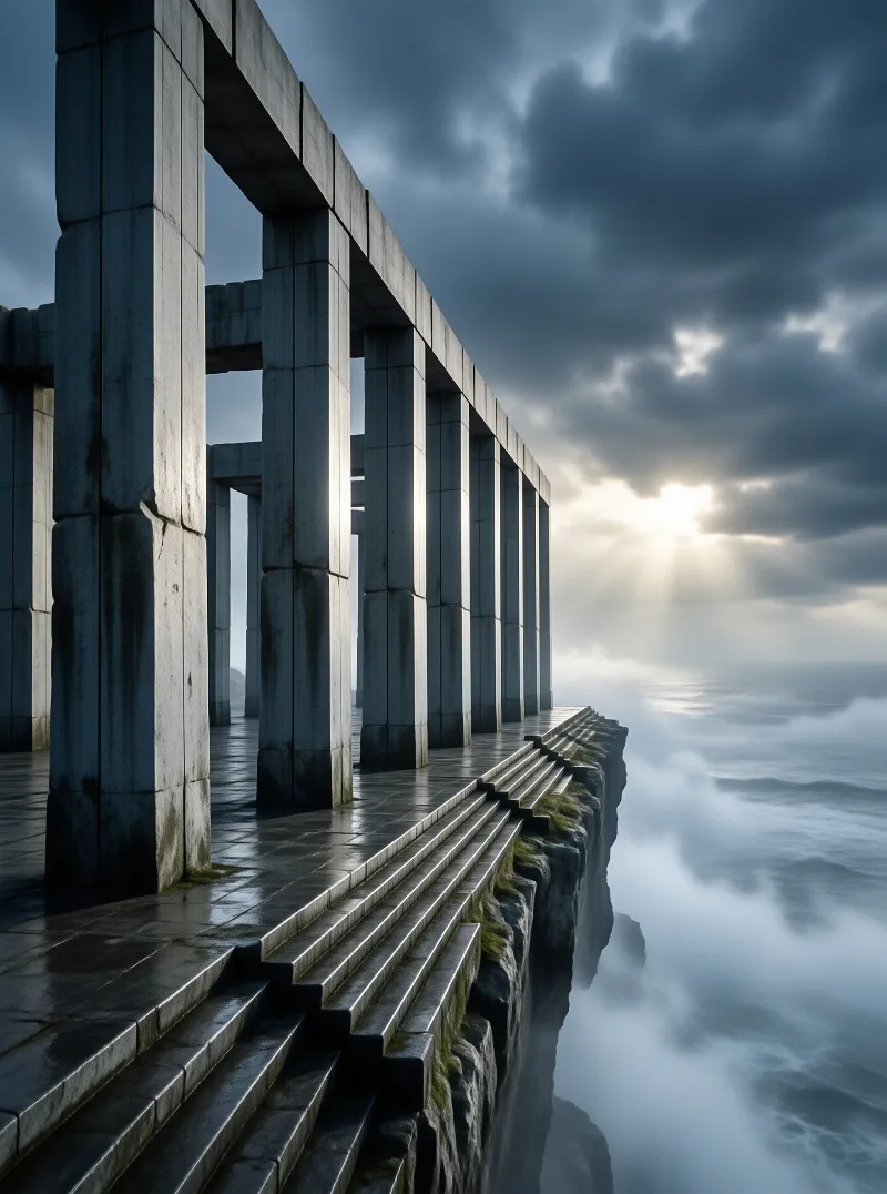 Weathered concrete pillars stretch along a misty coastal cliff as sunbeams break through dark clouds over the wet sea.