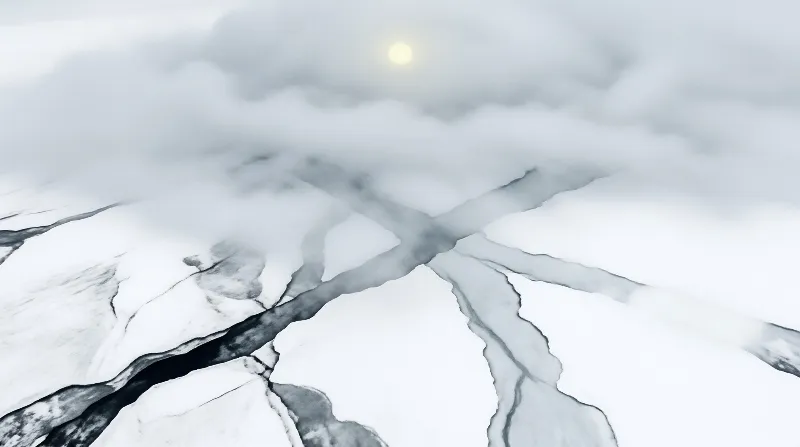Aerial view of dark branching river valleys cutting through a vast white snowfield under a cloudy sky with a faint sun.