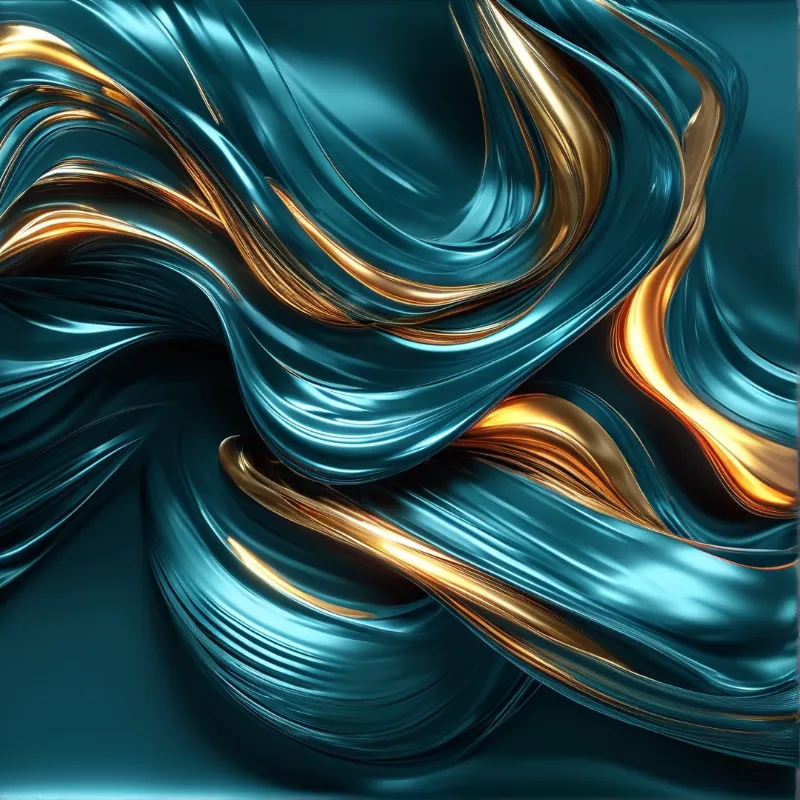 Curving ribbons of teal and gold liquid metal swirl across a deep teal space with soft warm highlights glowing on smooth surfaces.