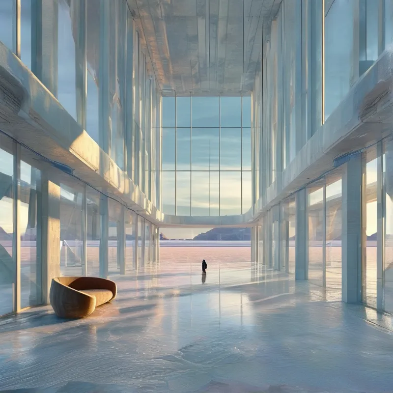 A lone person stands at the end of a tall glass walled minimalist lobby gazing out over an open salt flat in soft warm early light with cool pale interior tones.