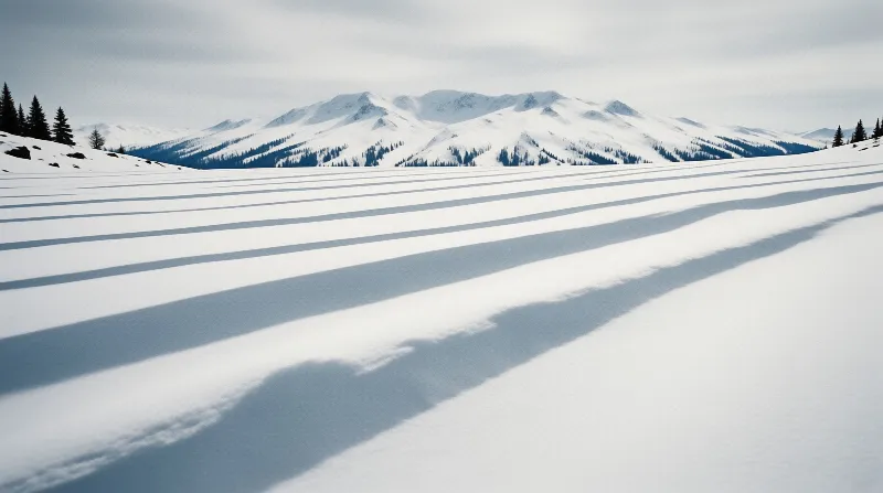 Snow covered peaks rise behind a foreground slope marked by rhythmic dark stripes cast across the white ground.