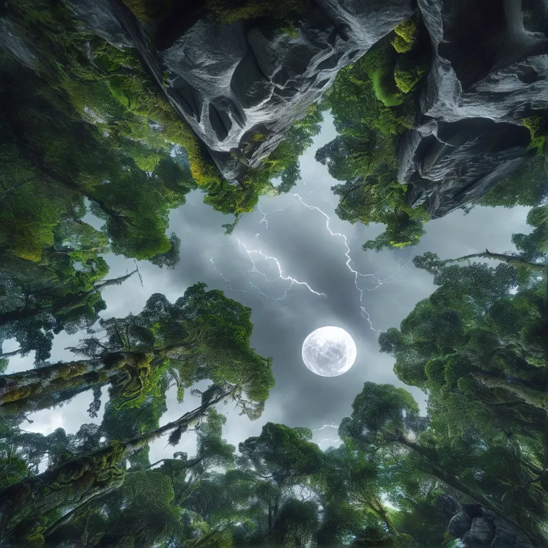 A bright full moon hangs in the cloudy sky above dense green trees while white lightning forks through the storm.