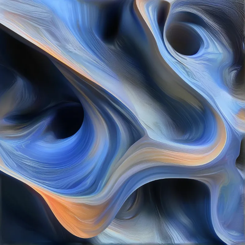 Curvilinear blue shapes blend into dark shadows and peach tones creating a sense of fluid motion across the frame.
