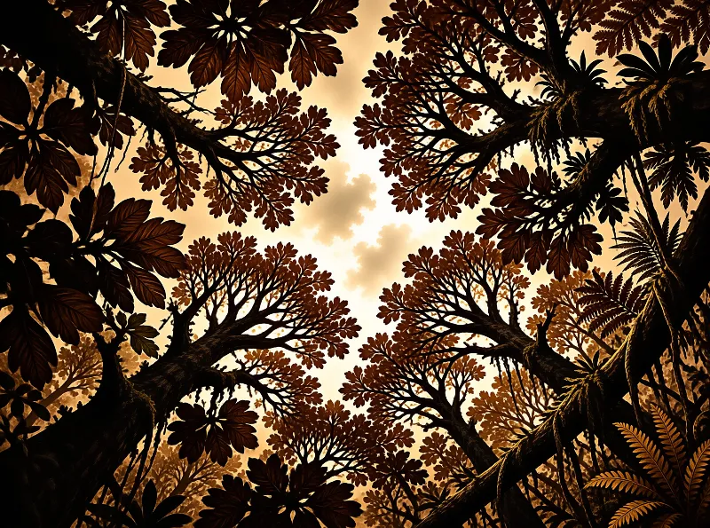 Looking up through a dense tropical canopy of dark brown leaves and branches against a warm cream sky