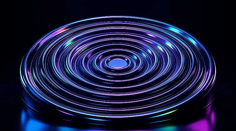 Thin metallic circles ripple outward in violet, cyan and magenta, resting on a dark reflective surface with no horizon.