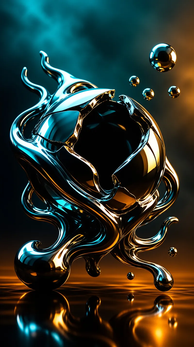 A shiny liquid metal shape swirls dynamically against a dark background reflecting blue and gold light.
