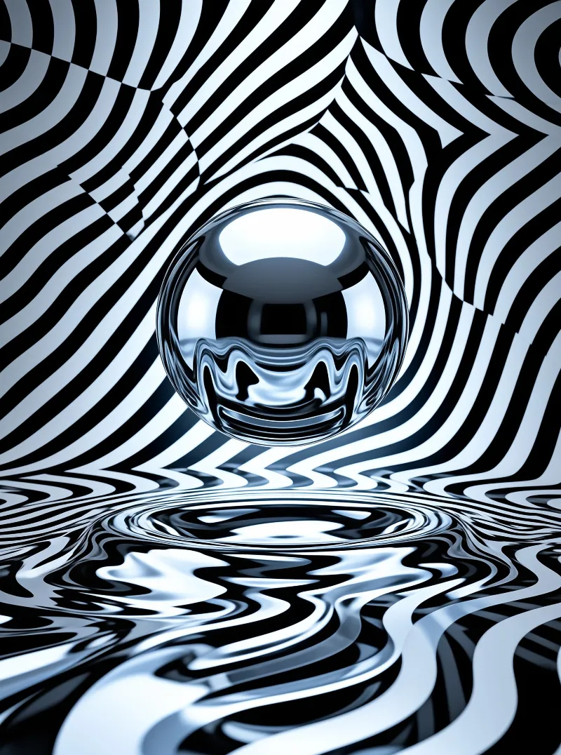 A transparent orb suspends over a rippling surface distorted by bold contrasting curved lines.
