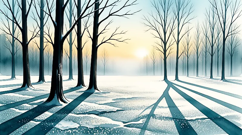 Tall dark trunks rise from the white ground as the sun illuminates the misty winter landscape with golden light.