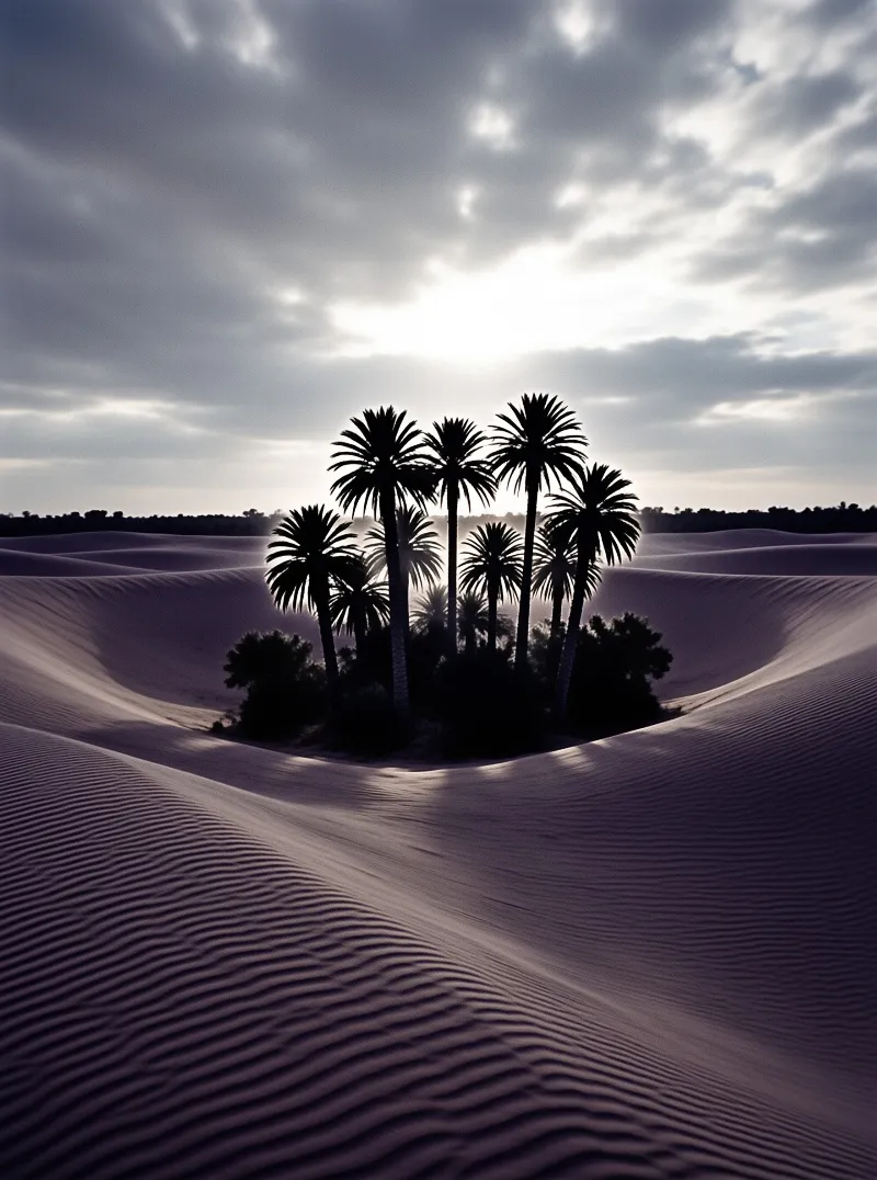 A cluster of dark palm trees stands in the middle of rippled sand dunes under a bright cloudy sky.