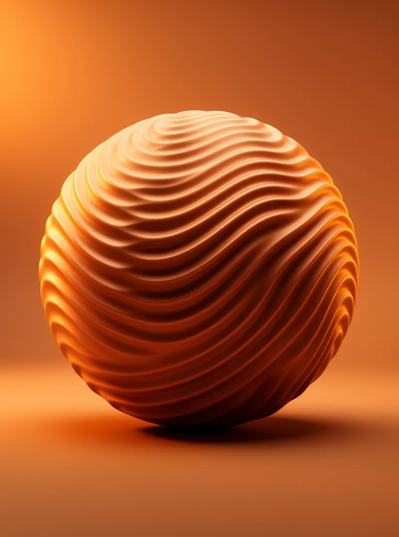 A matte tangerine ball carved with wavy ridges rests against a smooth gradient of warm orange.