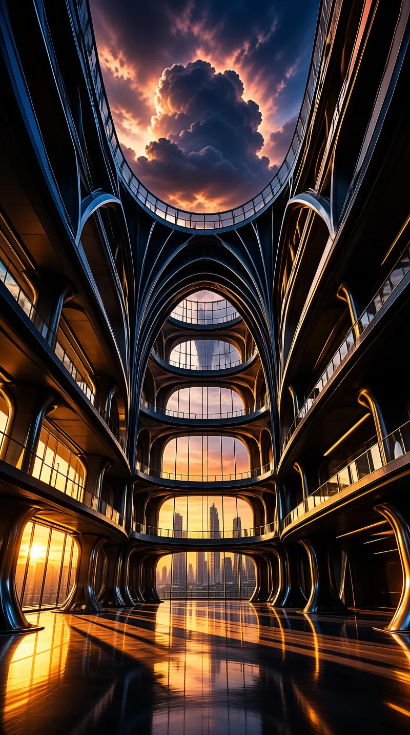 A spacious interior features sweeping curved structures and balconies looking out over a city skyline at dusk, with intense golden light reflecting off the smooth floor and illuminating the dark architectural forms against a cloudy sky.