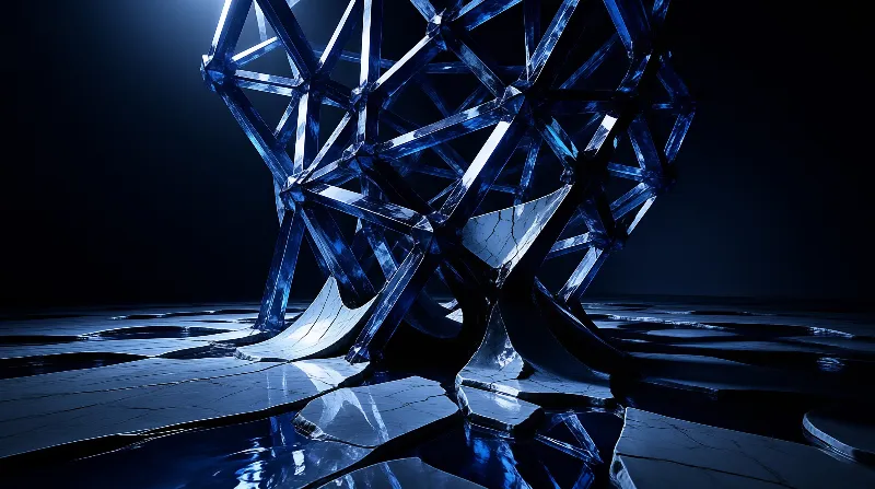 A complex blue geometric framework stands upon a fractured surface that mirrors its form in deep shadow and light.