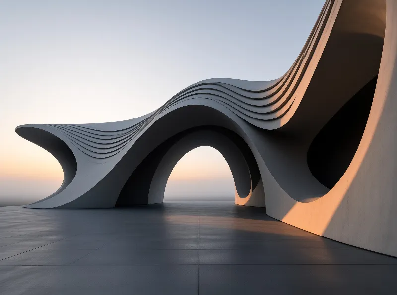 Rippled concrete arcs curve overhead to frame a sunset sky across a polished empty plaza.