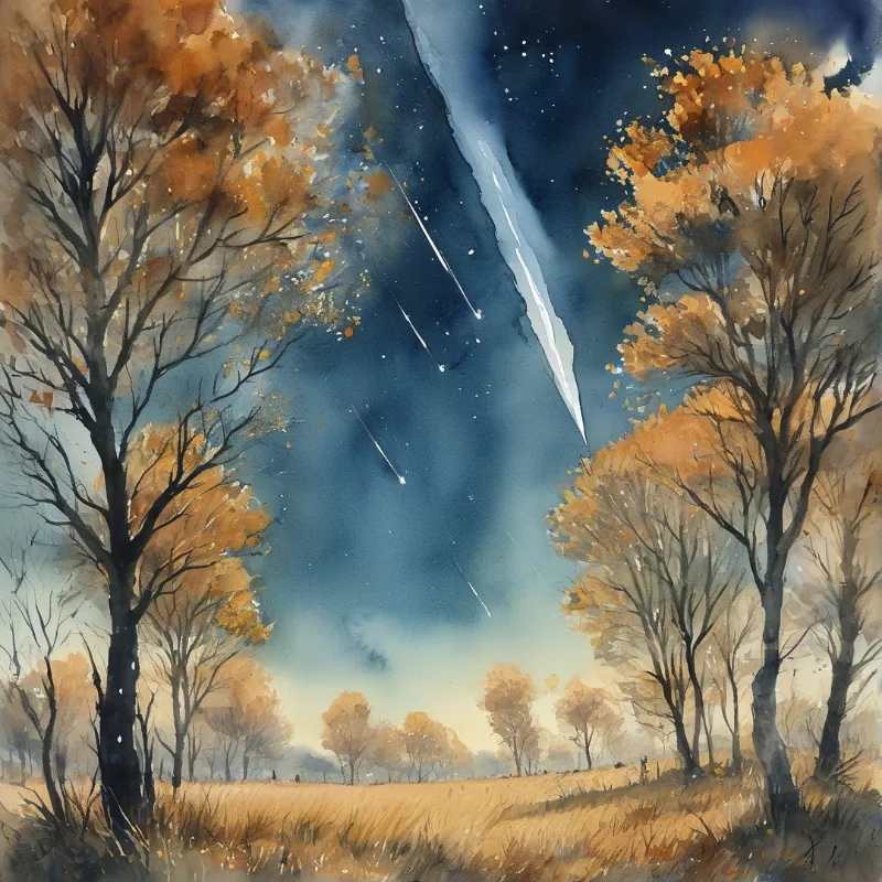 Loose painted oaks with ochre leaves frame a deep blue night sky streaked with meteors above a harvested golden field.