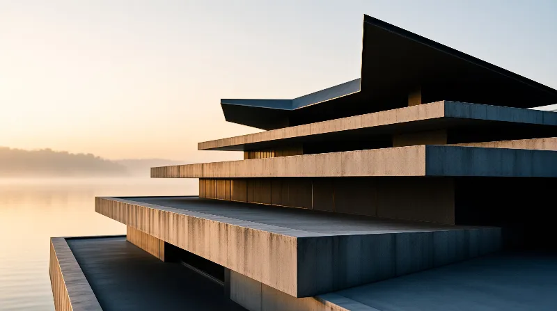 A layered modern architecture project stands beside calm water with warm light reflecting off the horizon.