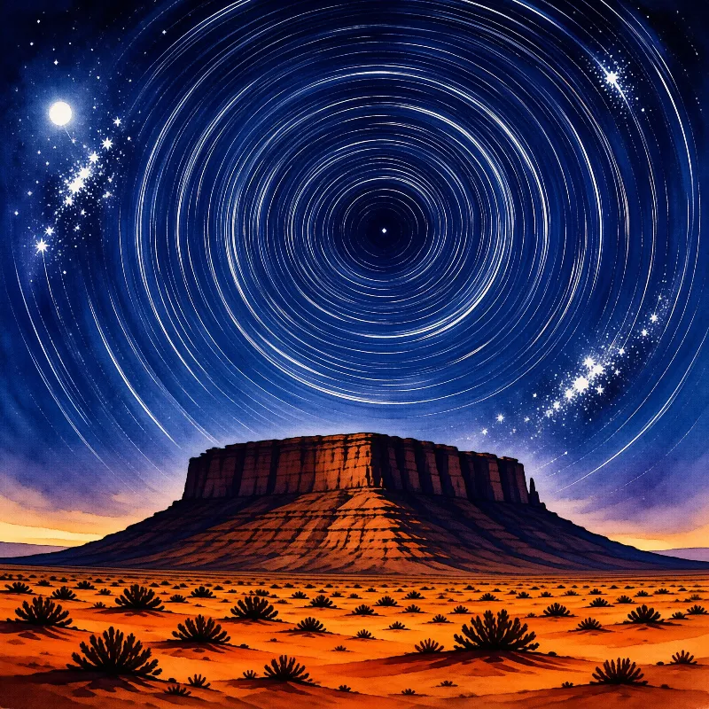 Mesa With Star Trails Over Desert Horizon