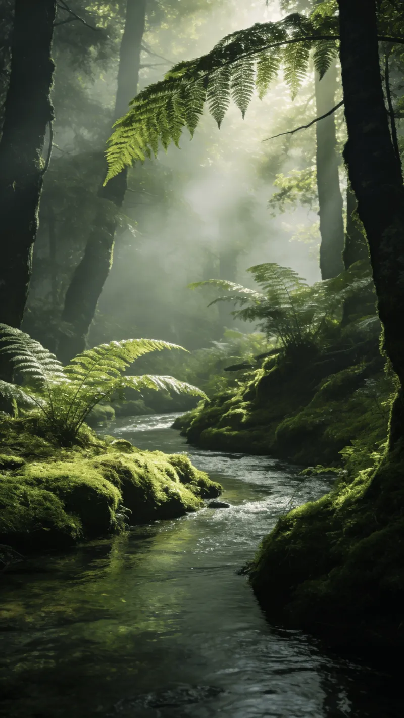 Misty Healing Forest with Sunlit Ferns