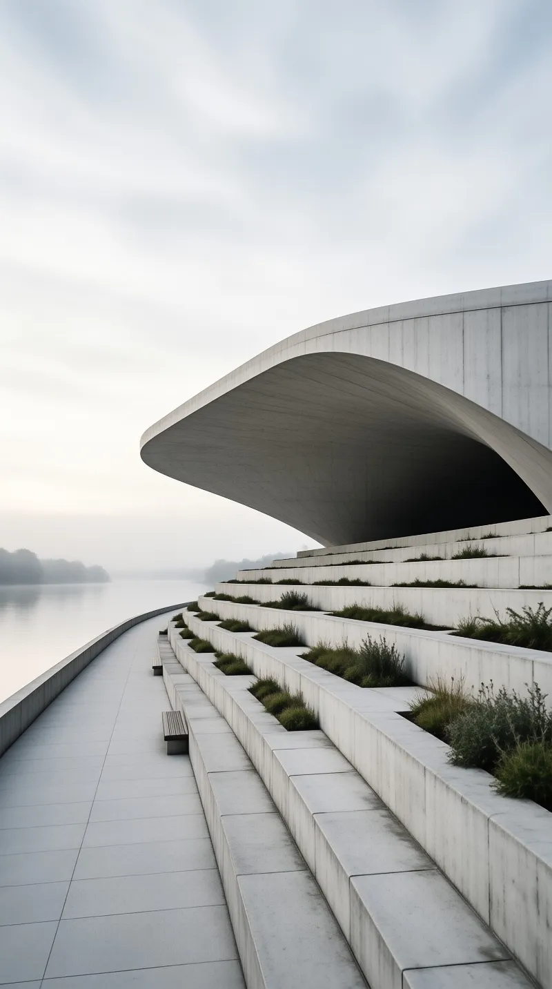 A minimalist tiered concrete structure with an arched roof lines a calm waterfront on a foggy overcast day.