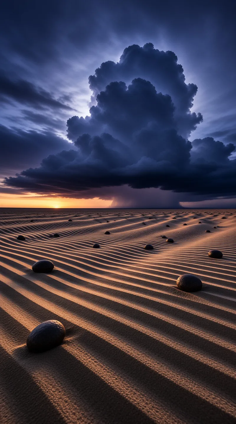 Winding desert ripples lead the eye toward a glowing orange horizon beneath a massive dark cumulonimbus formation.