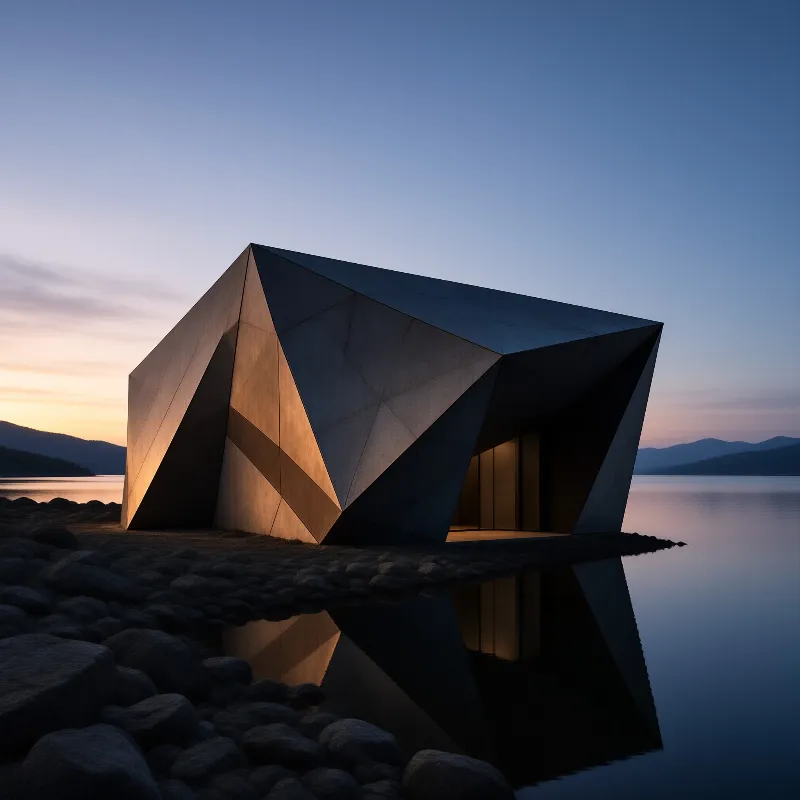 A faceted dark geometric building rests on a pebble lake shore, its warm glowing windows reflected in the calm dusk water.