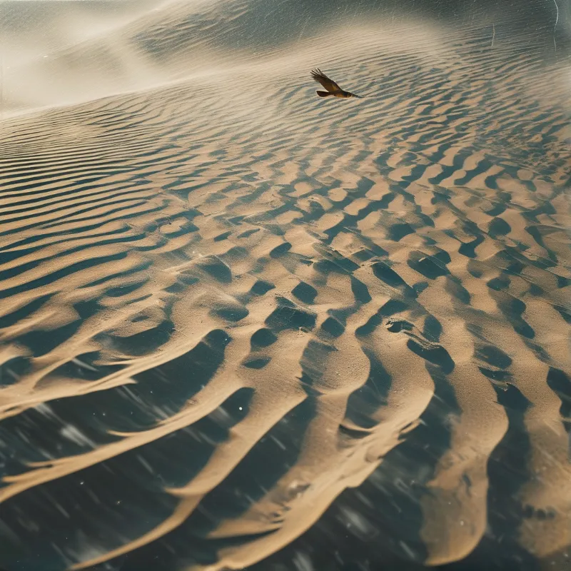 A bird flies over rippled terrain illuminated by low angle sunlight casting long dark shadows across the ground.