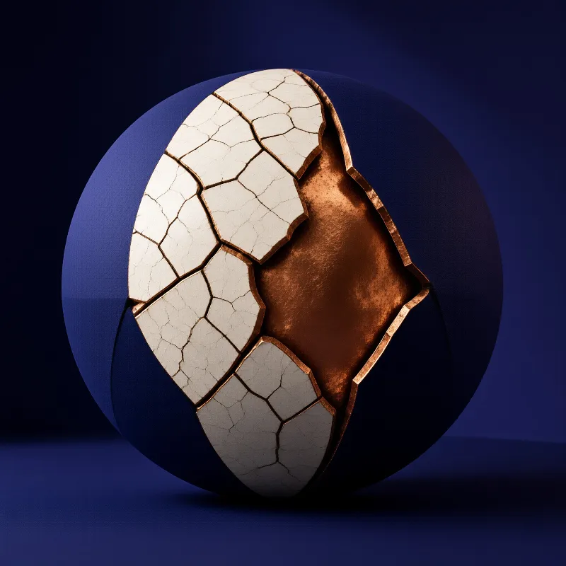 A matte navy sphere splits apart to expose a glowing copper interior lined with white ceramic.