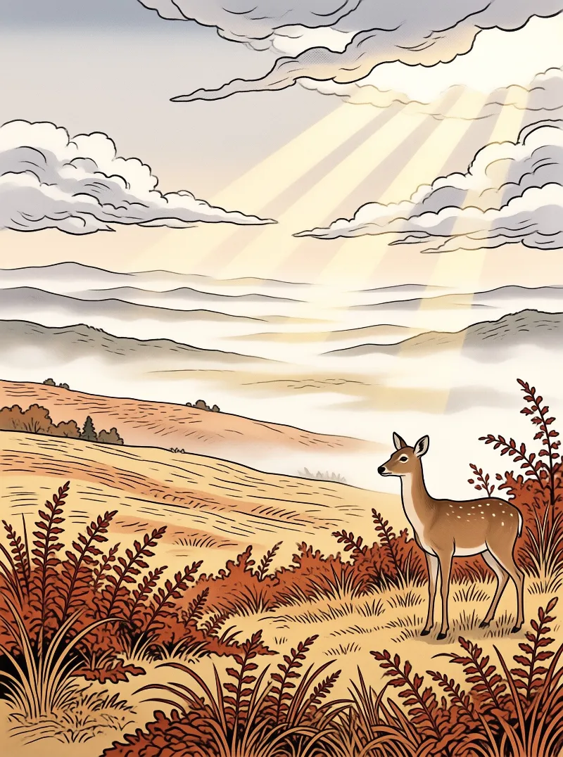 Illustration of a deer standing in rust-colored grass as sunbeams break through clouds over misty rolling hills.