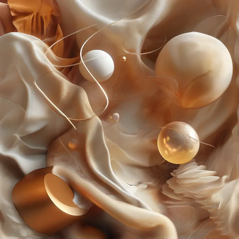 Smooth beige fabric folds surround glossy golden spheres within a warm amber colored abstract composition.