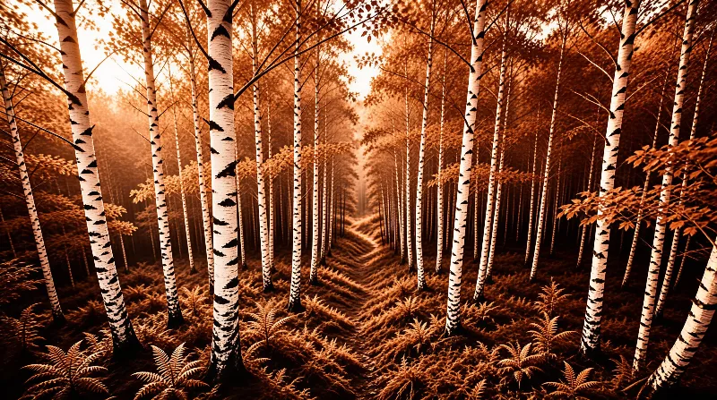 Slender white birch trunks line a fern-covered trail glowing with warm golden haze deep in an autumn woodland.