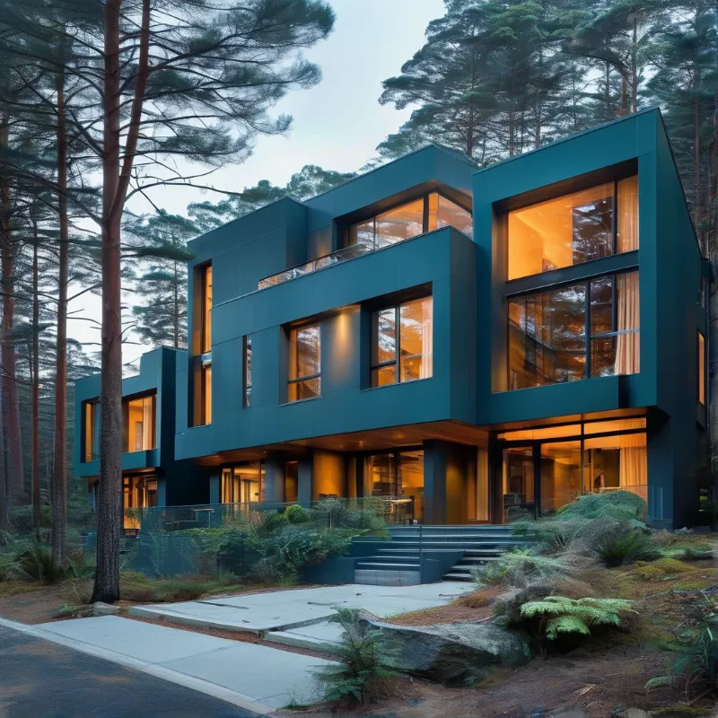 Contemporary dark blue house among tall pine trees with warm interior lighting visible during twilight.