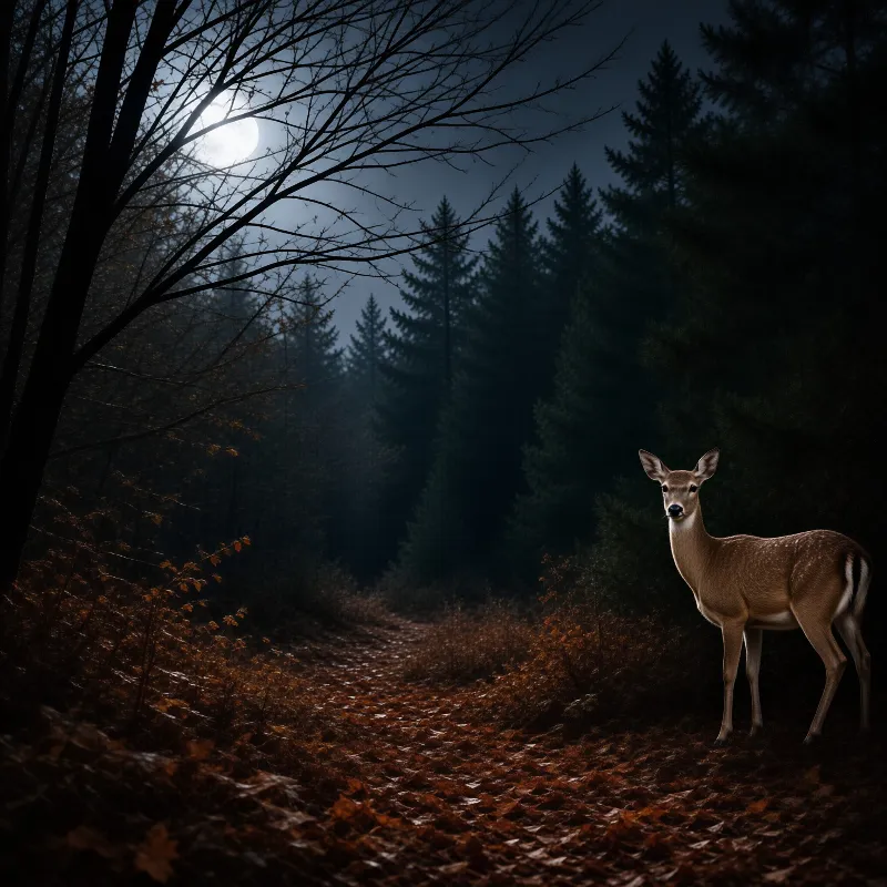 A deer stands beside a forest trail covered in fallen leaves while the full moon illuminates the dark woods.