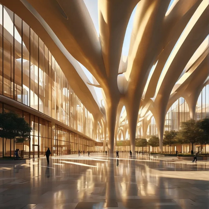 Large organic columns rise above a polished floor where sunlight streams across a spacious interior.