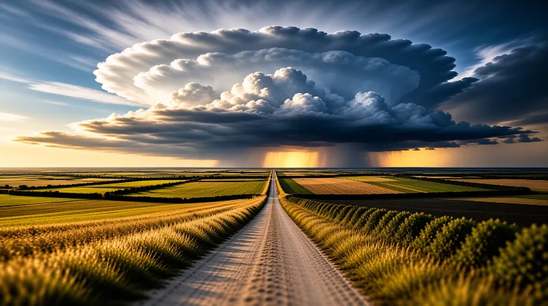 A straight gravel lane runs between golden wheat fields toward a towering storm cloud lit by sunbeams.