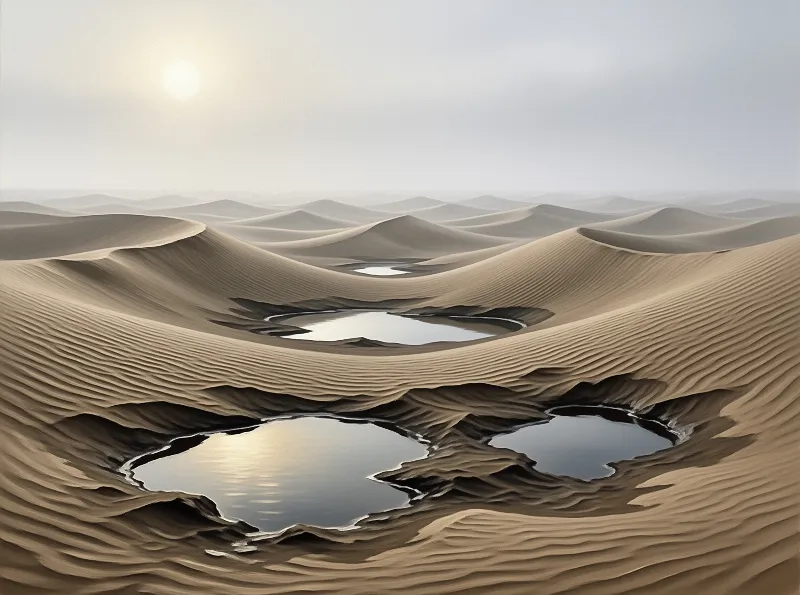 Vast sandy hills stretch across the landscape featuring several small pools of water that mirror the bright sky above.