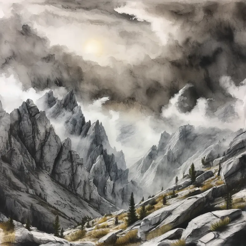 A watercolor painting of jagged grey mountains surrounded by swirling clouds with sunlight breaking through.