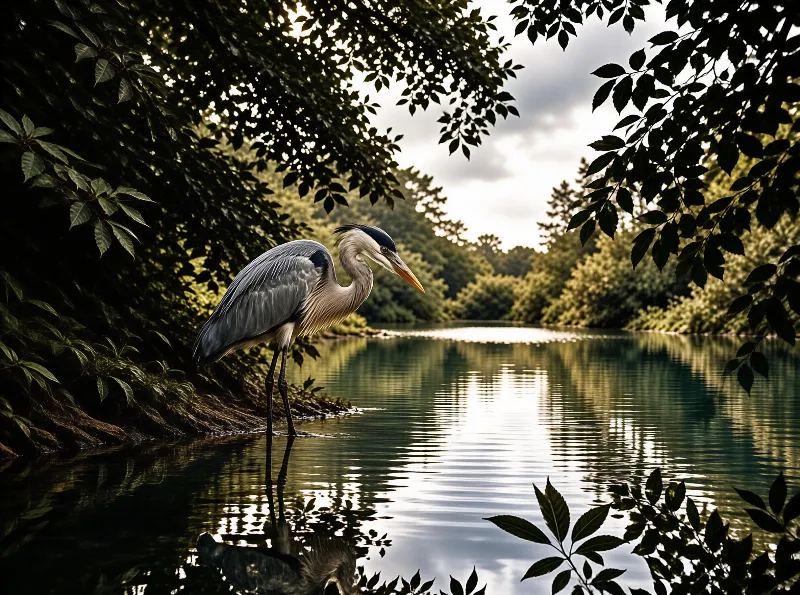 A grey heron stands at a shaded river edge while calm water mirrors the bird beneath overhanging branches.
