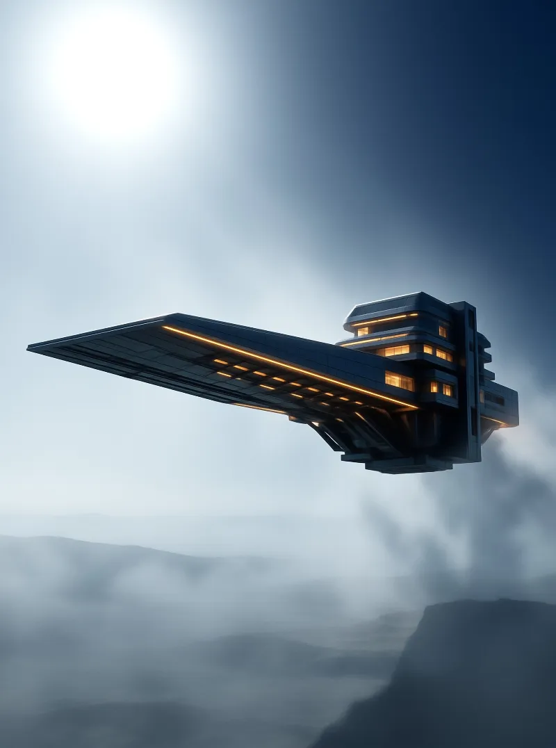 A futuristic spacecraft with glowing undercarriage hovers over fog-covered mountain ranges under a bright sunlit sky.