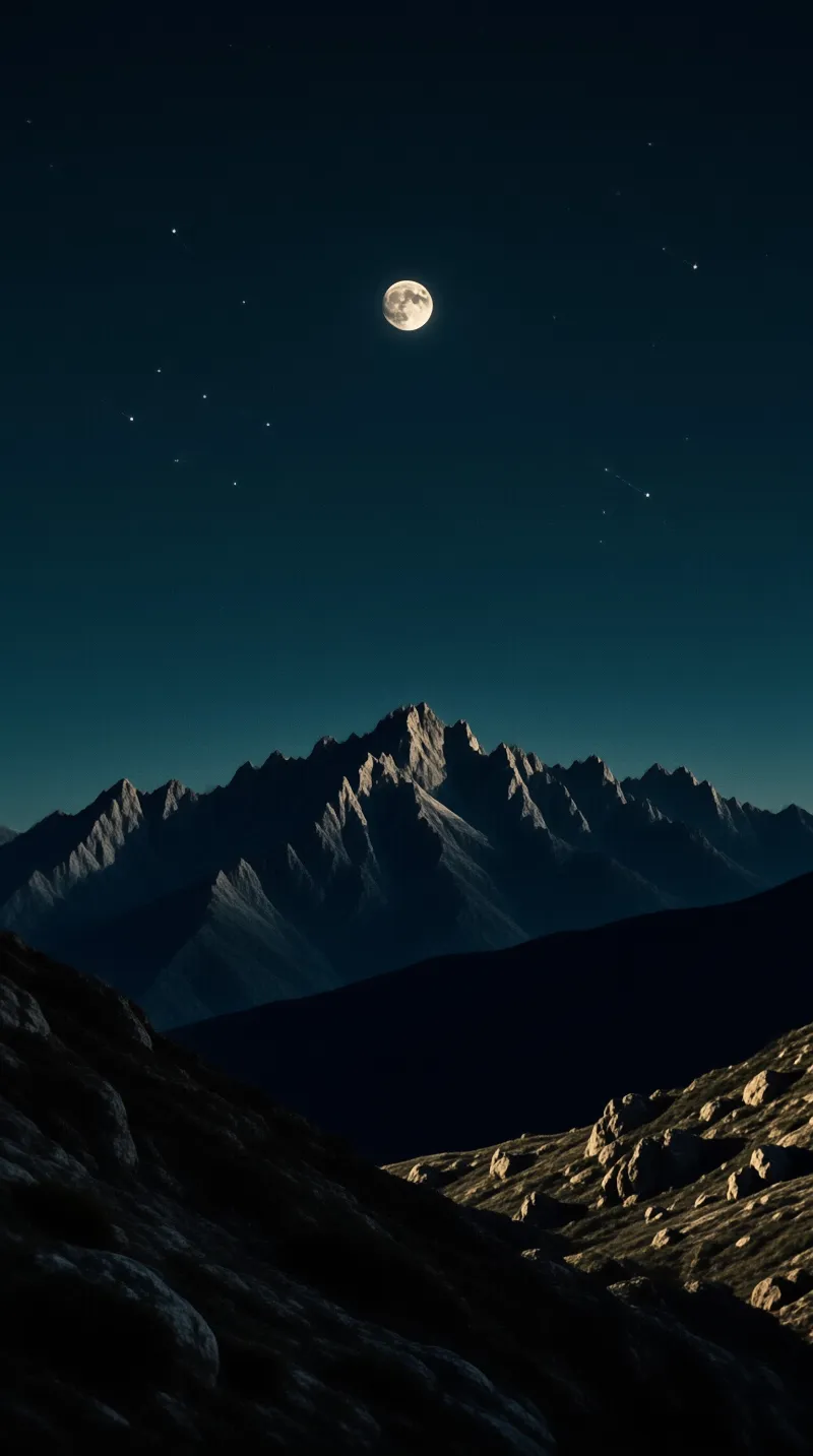 A bright full moon hangs high in a deep blue sky above a jagged mountain range where rocky peaks catch the light.