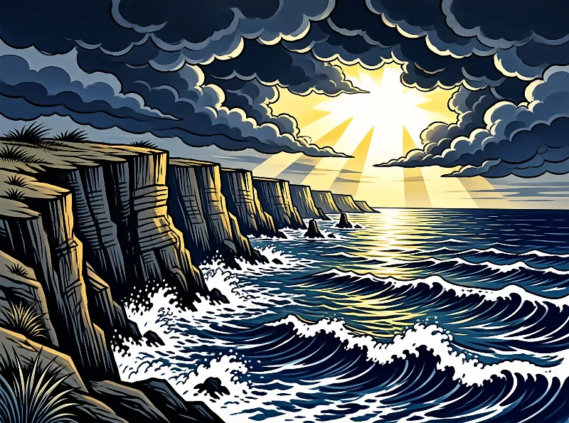 Bold linocut cliffs meet a churning navy sea while a radiant sun bursts through layered storm cloud.
