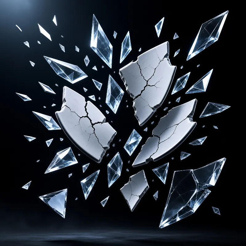 A fragmented silver shield explodes outward surrounded by floating shards of clear crystal against a dark background.