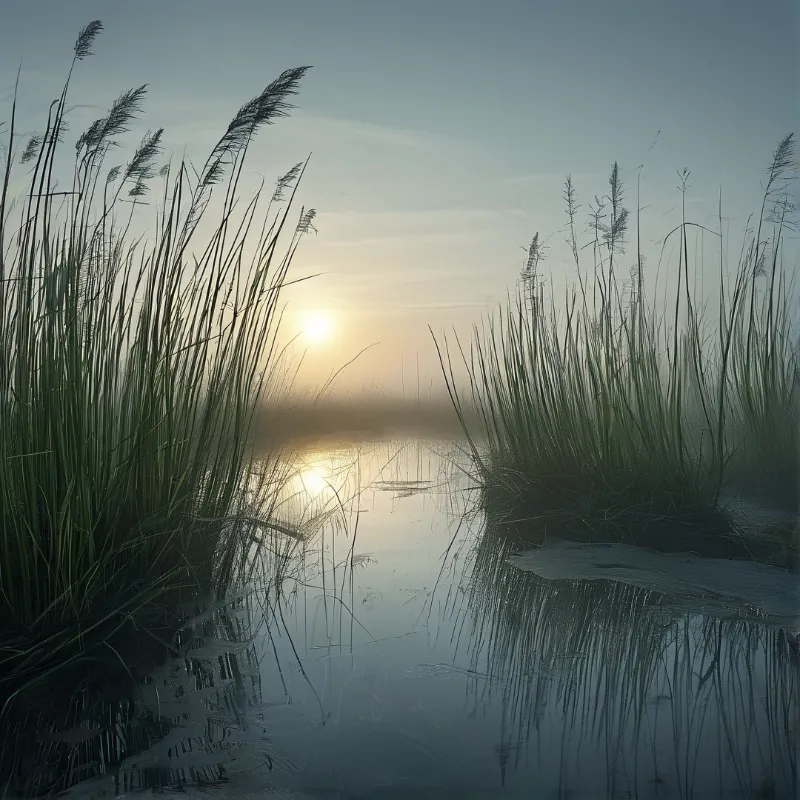 Tall marsh grasses stand on either side of a still foggy lake, with the soft low sun casting golden reflections across the water surface.