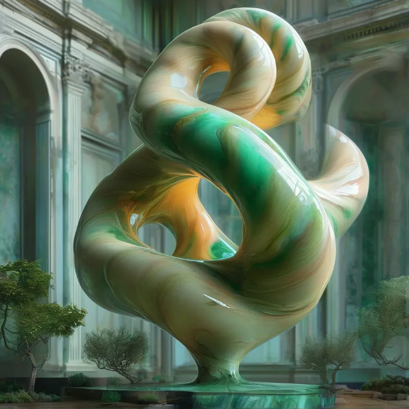 A large glossy abstract shape in green and yellow stands in front of a historic stone building with arches.