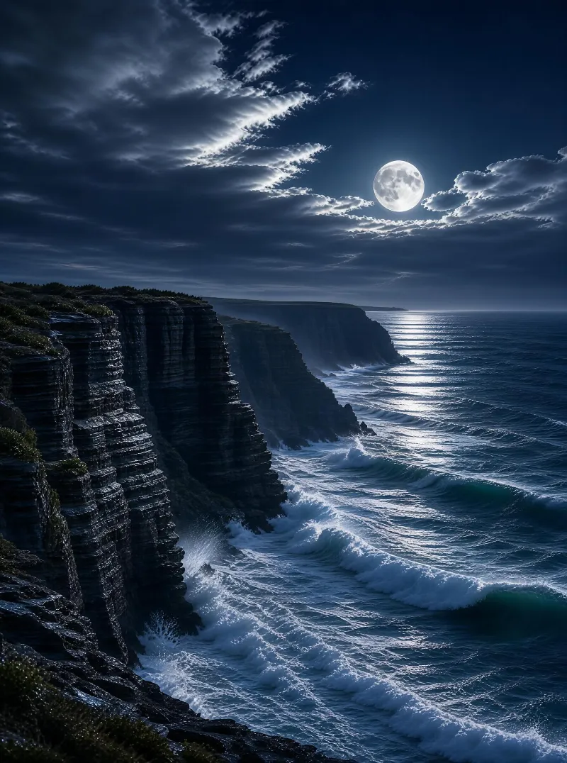 Moonlit Cliffs and Ocean