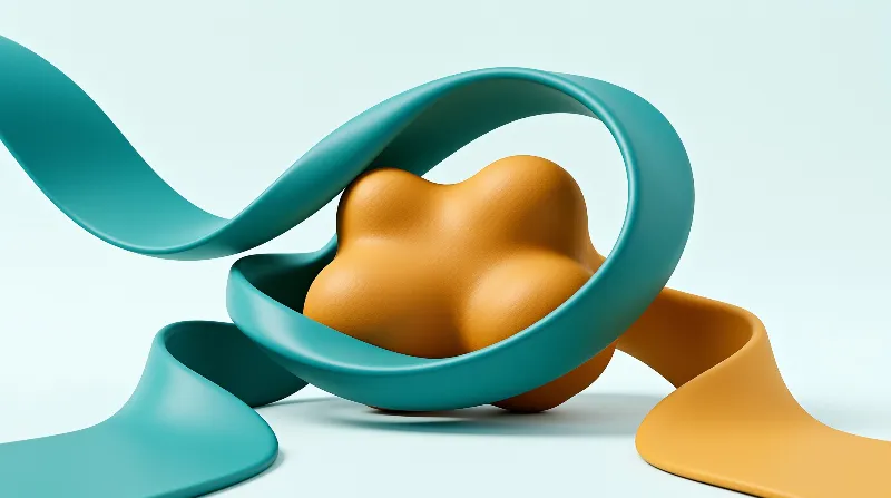 A smooth orange organic form sits within a teal tubular loop against a pale blue background with soft studio lighting.