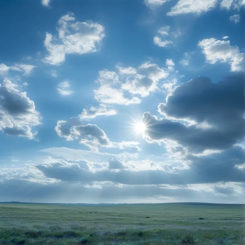 A vast green field stretches to the horizon under a bright blue sky with scattered clouds and sunbeams.
