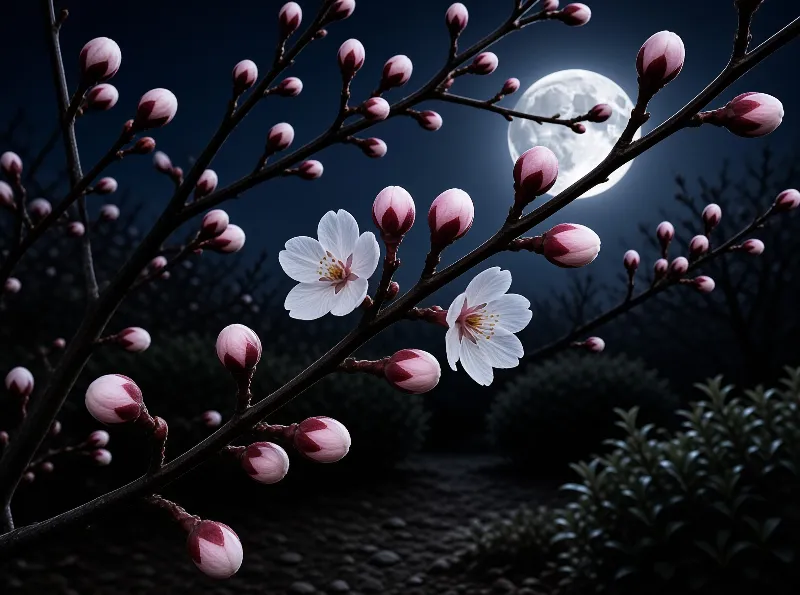 Moonlit Cherry Blossom Branch