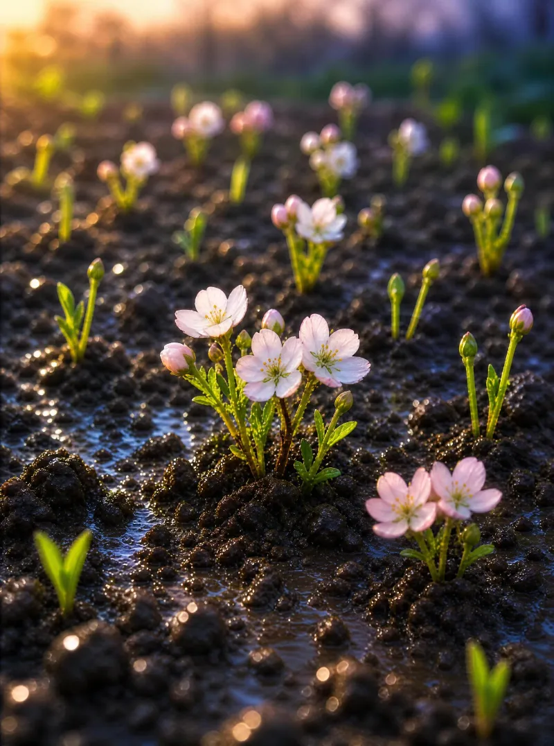 Delicate pink and white cherry blossoms bloom in a wet, muddy field bathed in warm golden hour light, with small buds and green stems scattered across the dark soil